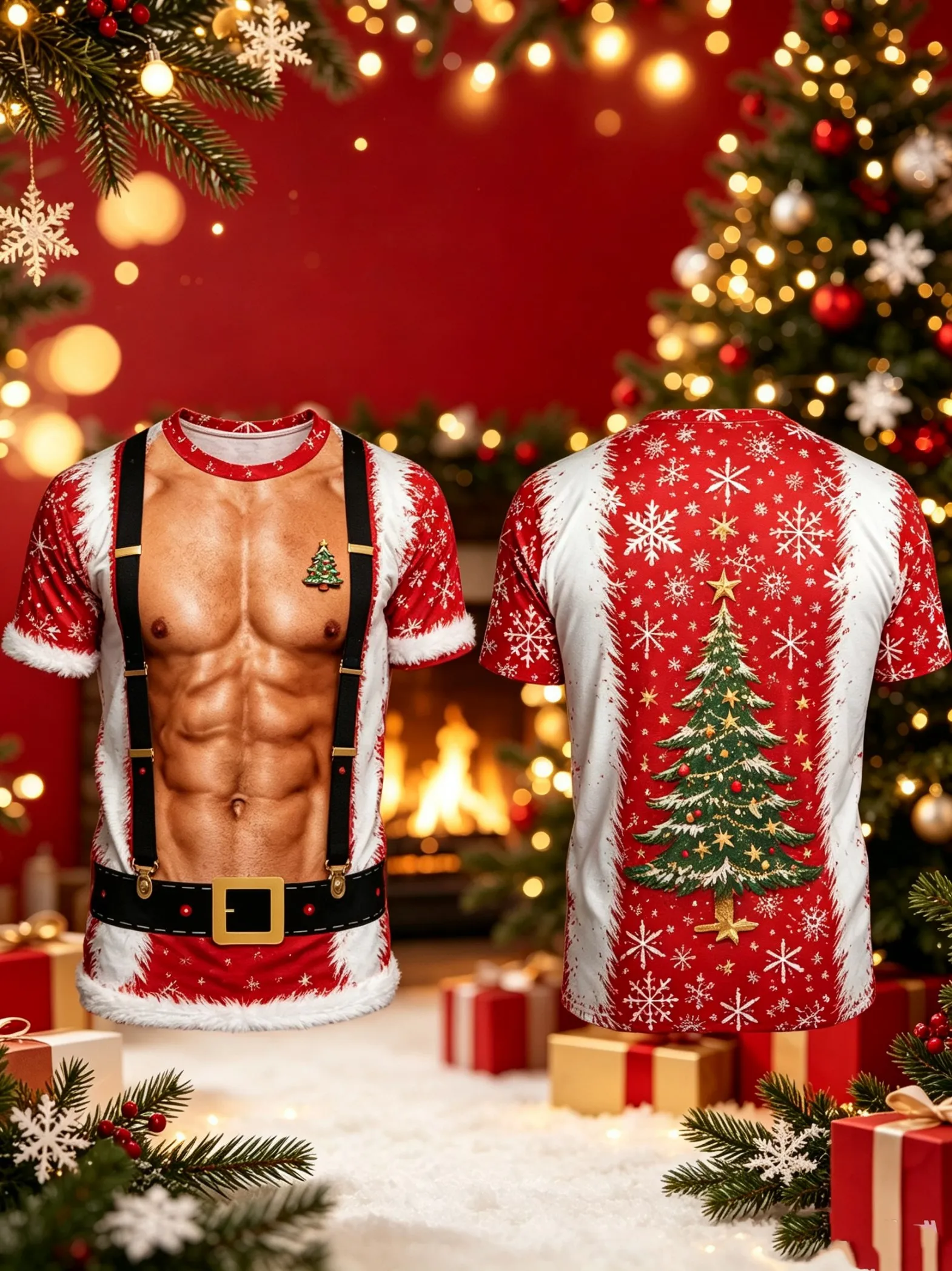 Merry Christmas Tree Cosplay T-shirt Funny 3D Santa Claus Muscle Print Men Women T Shirt Fashion Xmas Party Short Sleeve Tee Top