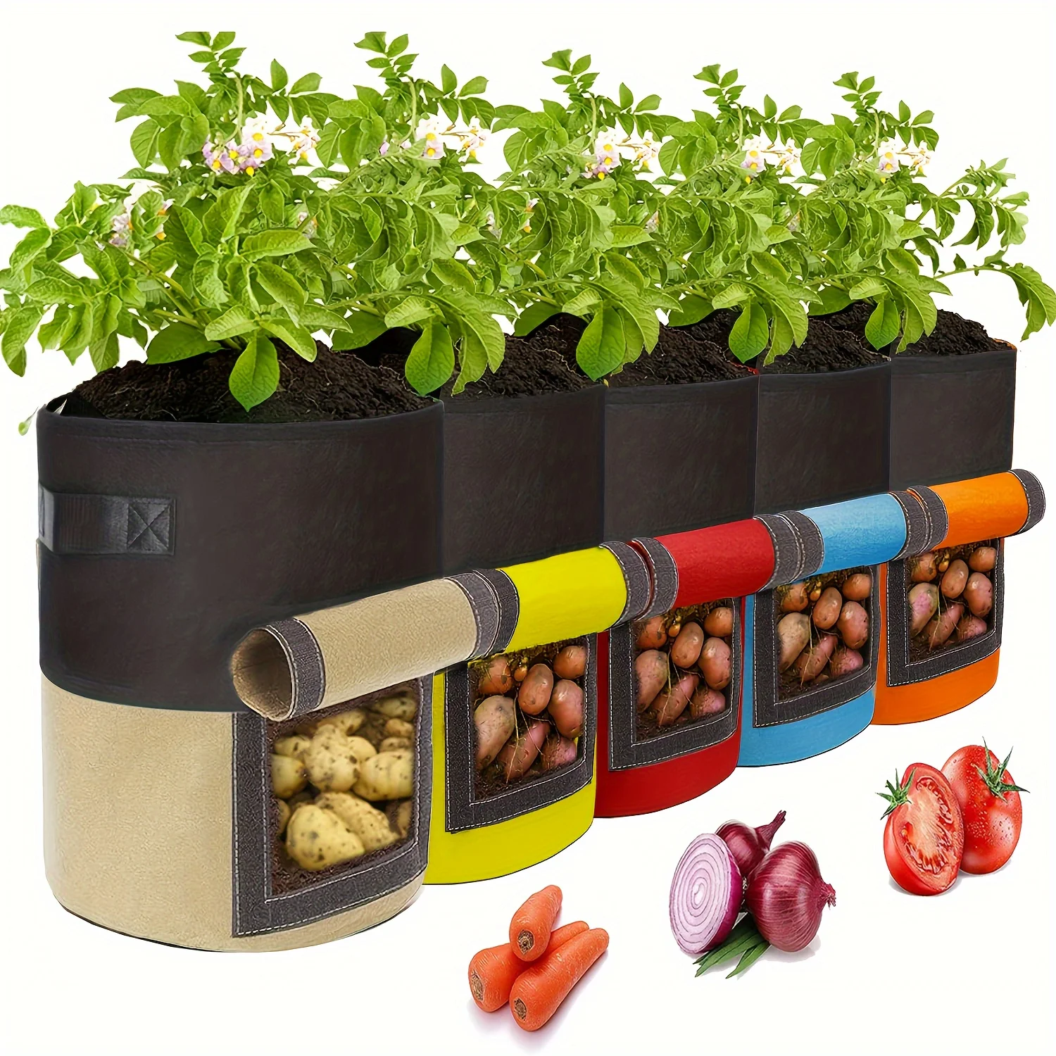 

5 Pack of 10 Gallon Potato Splicing Color Grow Bags with Flap and Handle, Thickened Inflatable Fabric Flower Pots, Garden Bags