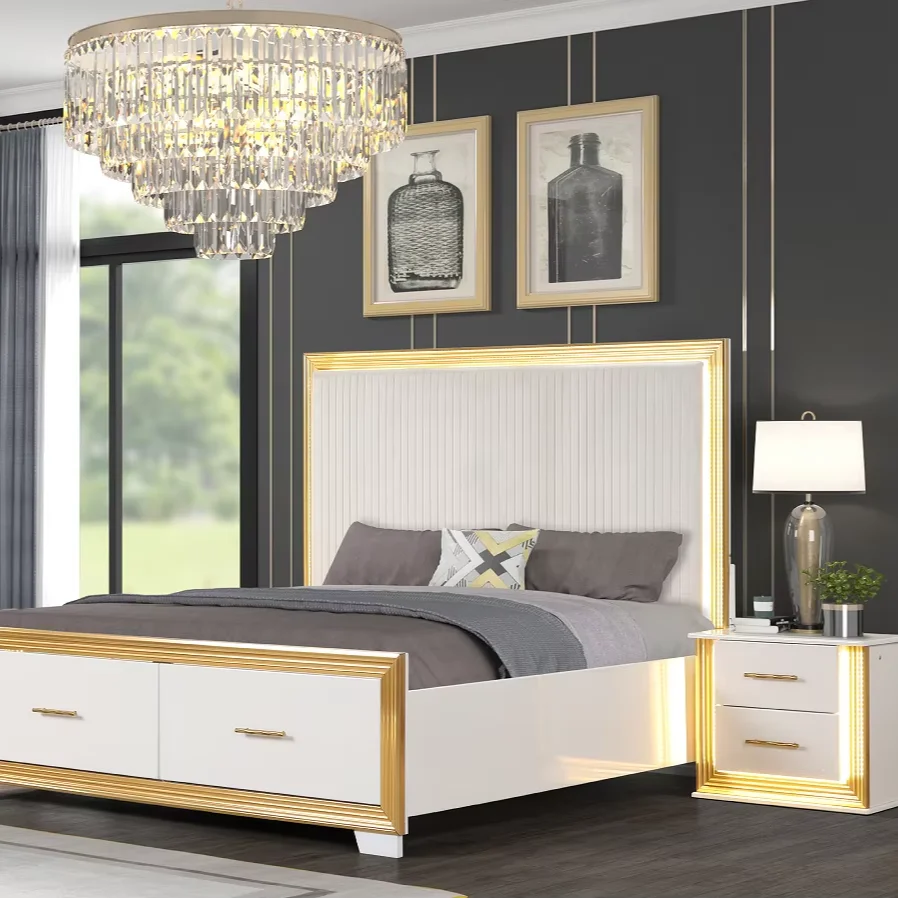 #Contemporary Convertible 4PC Queen Bedroom Set With Solid Wood & Gold Finish