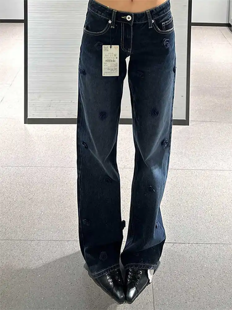 Calça jeans feminina cintura baixa perna reta 2000s y2k harajuku designer azul cowboy high street chique nova maré flor nova