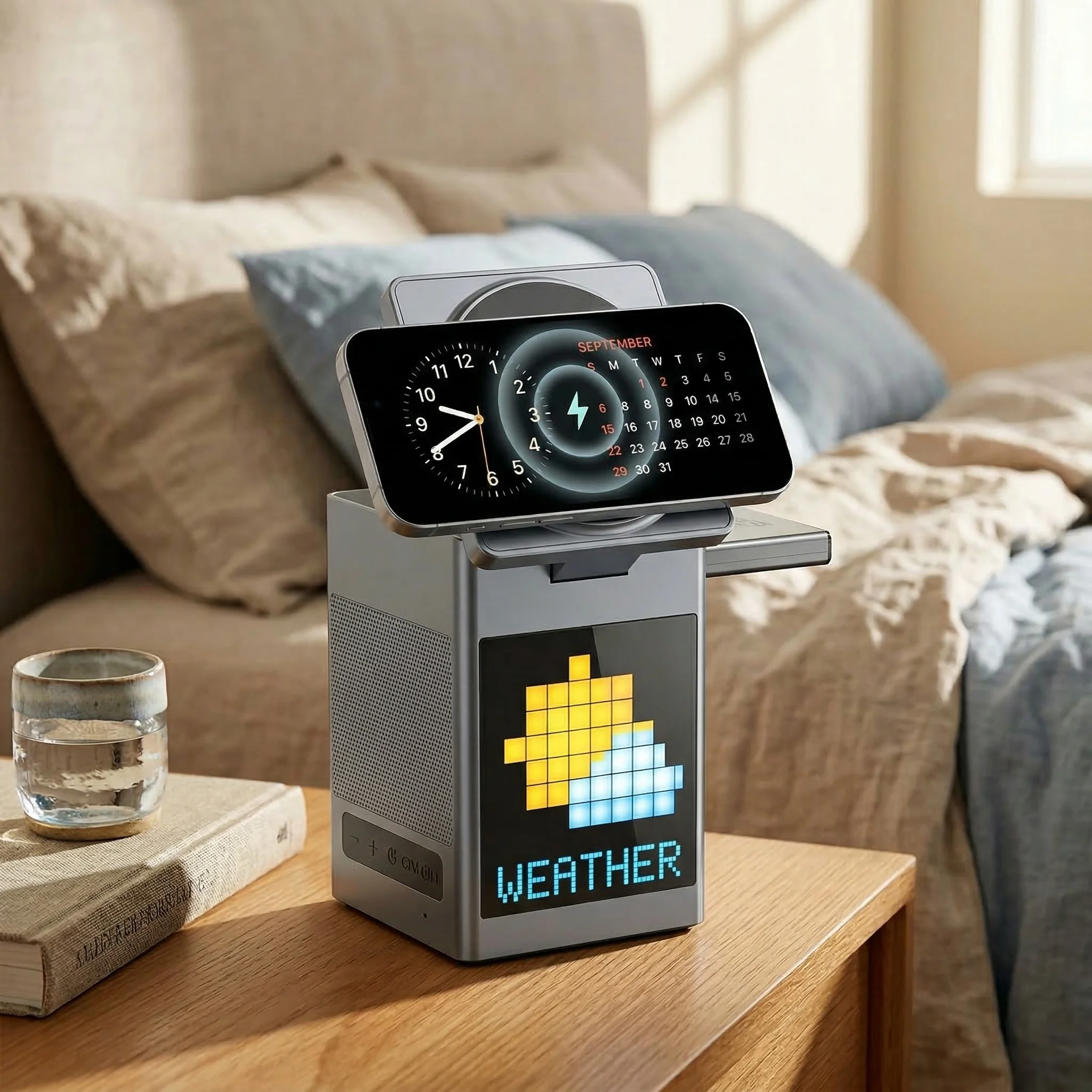 

6-in-1 RGB Pixel Art Wireless Charger Alarm Clock Wireless Speaker, 15W Magnetic Fast Charging Station for iPhone Samsung Watch