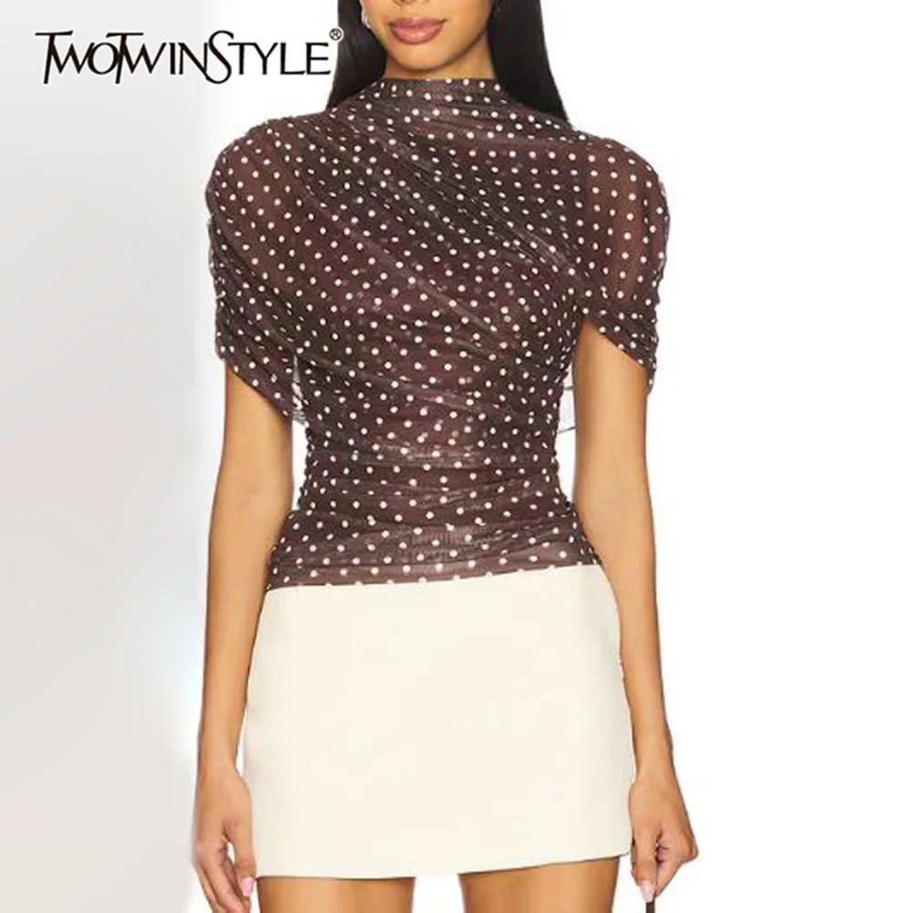 TWOTWINSTYLE Mesh Sheer T Shirt for Women Mock Neck Draped Ruched Short Sleeve Slim Fit Polka Dot Back Zipper for Casual Party