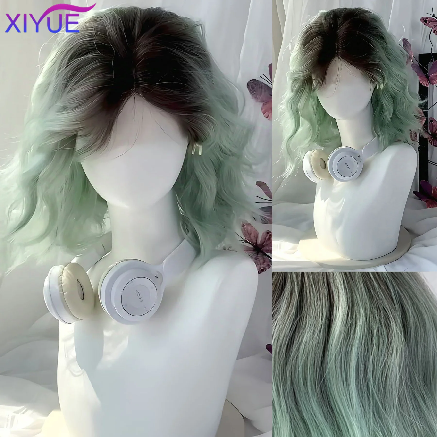XIYUE Women's BOBO Synthetic lace Wigs Mint Green Star Same Style Synthetic Long Curly Hair Versatile COS Full Head Set
