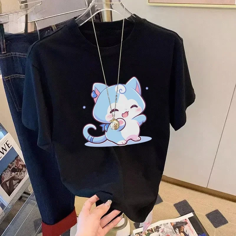 Snow Girl Series Original cartoon shy snow spirit printed pure cotton T-shirt for women summer loose casual round neck top ins