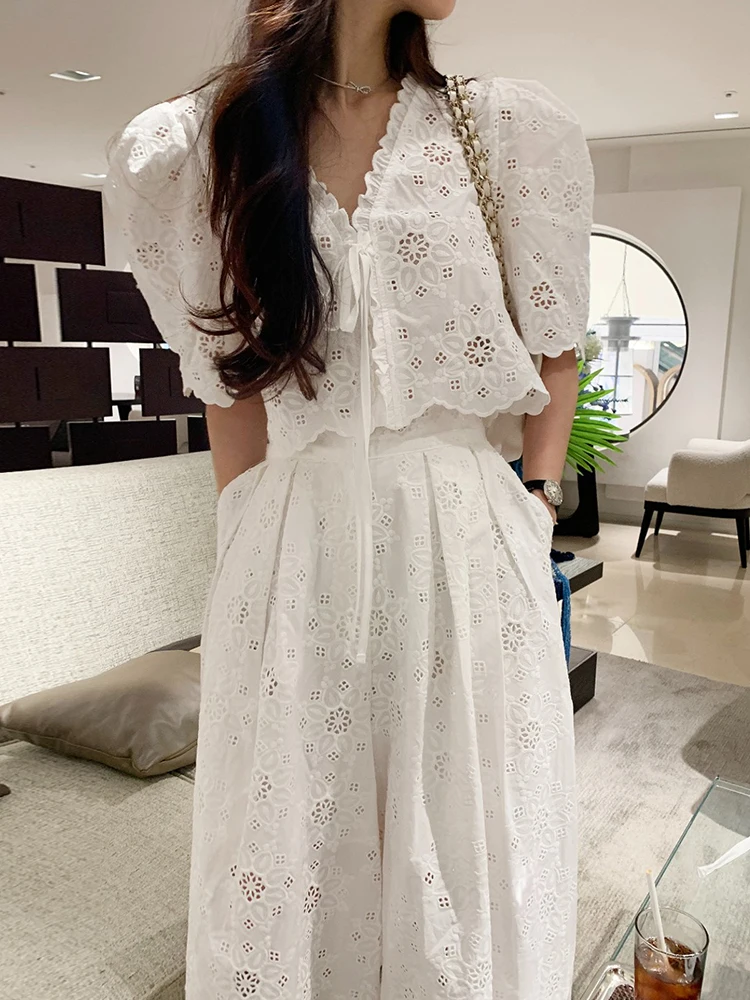 

Ele V-ne Embroidered Top And High-waisted Pleated Wide-leg Pants Two-piece Set for Women Cotton Summer Faion Outfit