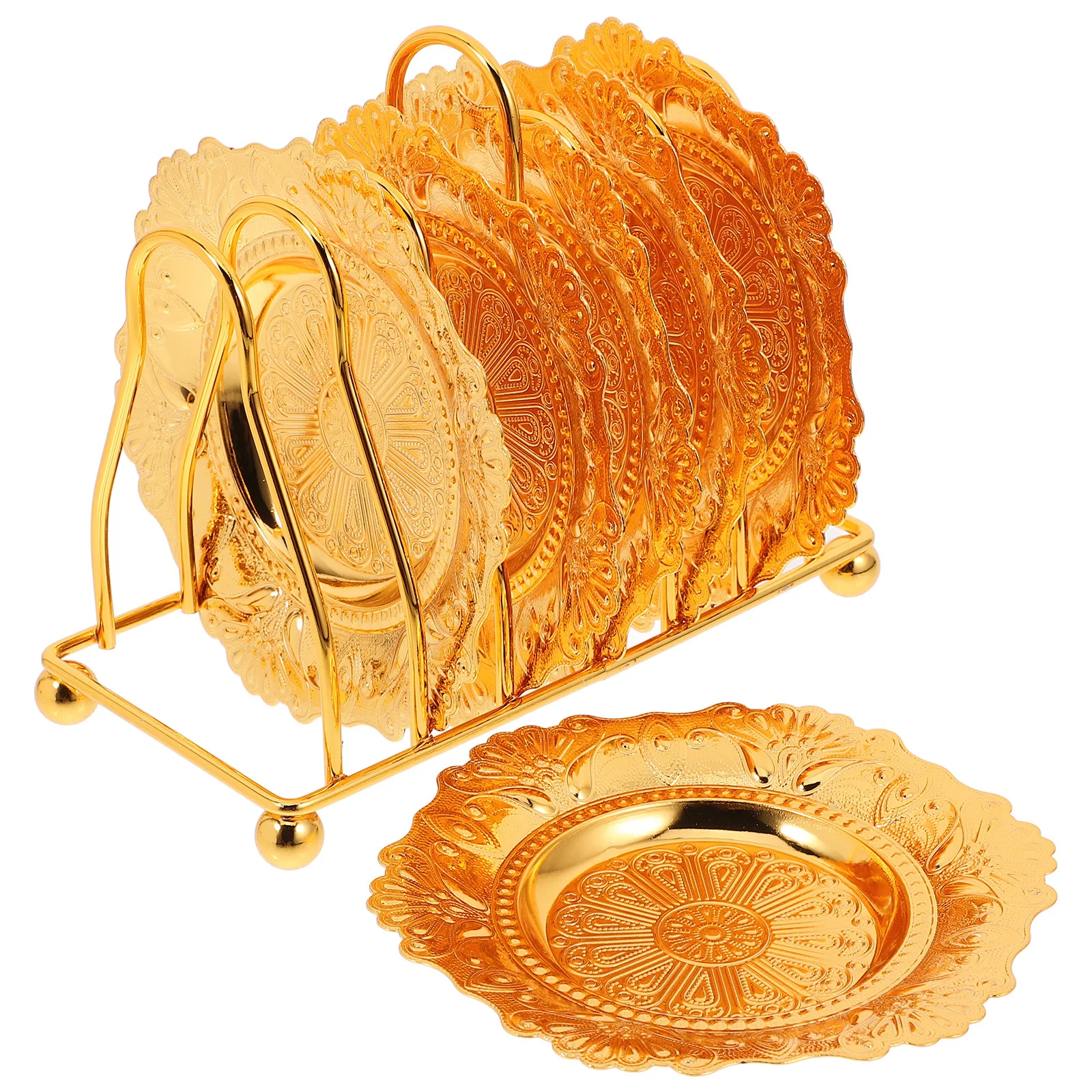 

6Pcs Elegant Fruit Serving Tray Golden Metal Coasters with Storage Rack for Party Wedding Home Kitchen Tabletop Decor