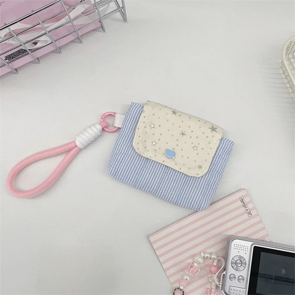 Bolsa de armazenamento para fones de ouvido kawaii, mini bolsa com estampa de estrela e listras, bolsa para absorventes higiênicos, carteira com botão de pressão para mulheres e meninas