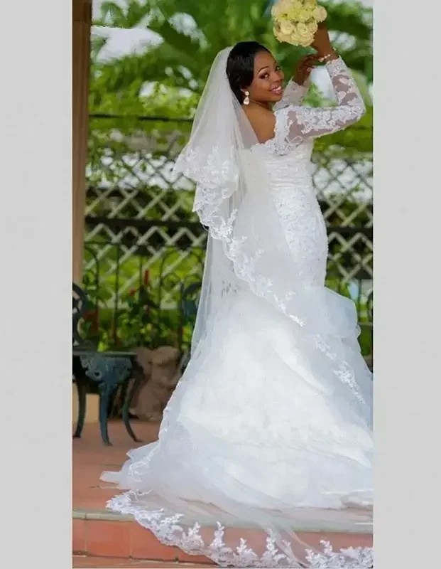 تخصيص التقليدية الأفريقية طويلة الأكمام حورية البحر مثير بلورات اللؤلؤ مخصص ثوب الزفاف فستان الزفاف