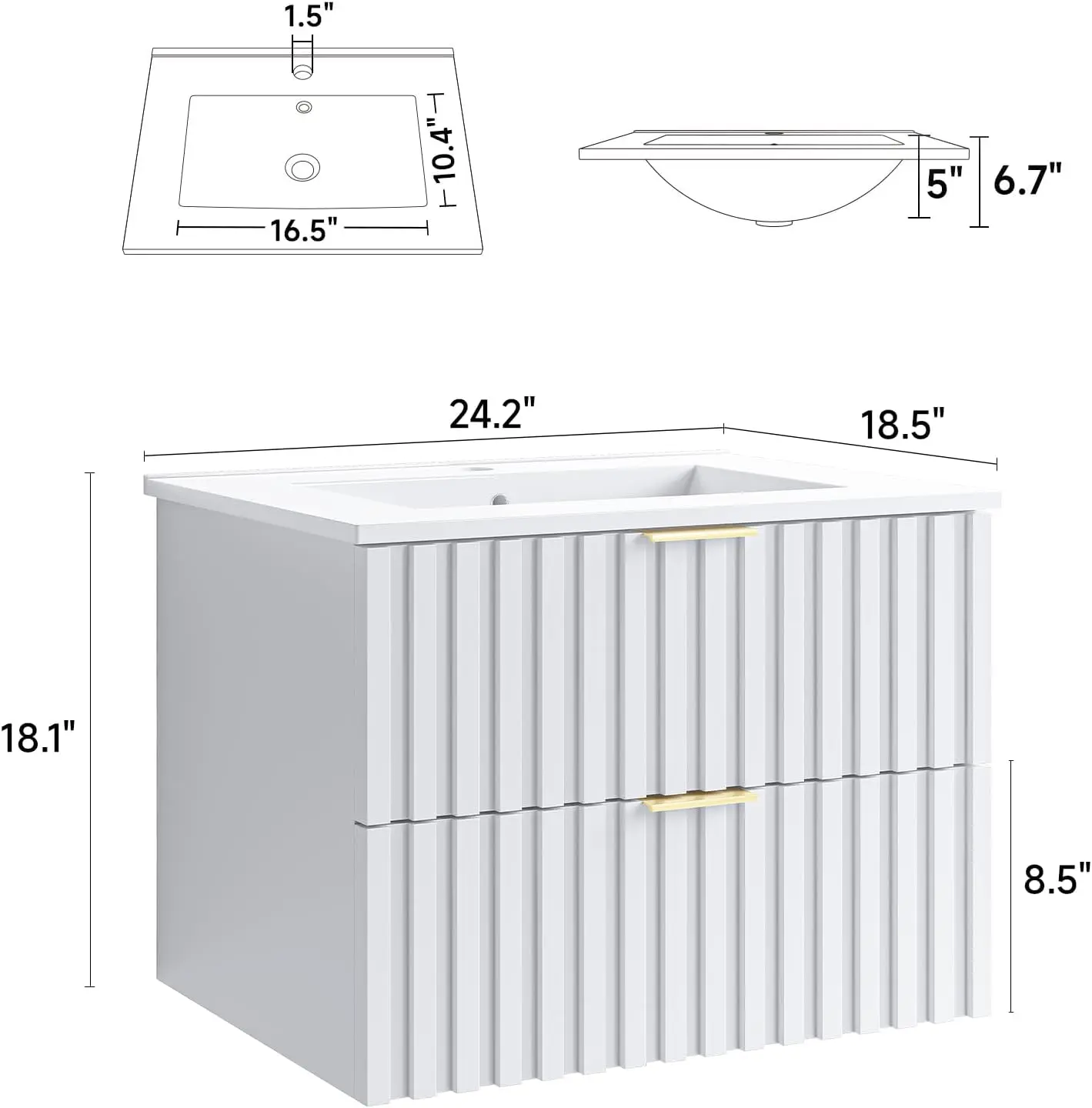 24 Inch Bathroom Vanity with Sink Combo,Floating Bathroom Vanity with 2 Fluted Drawer,Metal Handles, Wall Mount Bathroom Cabinet