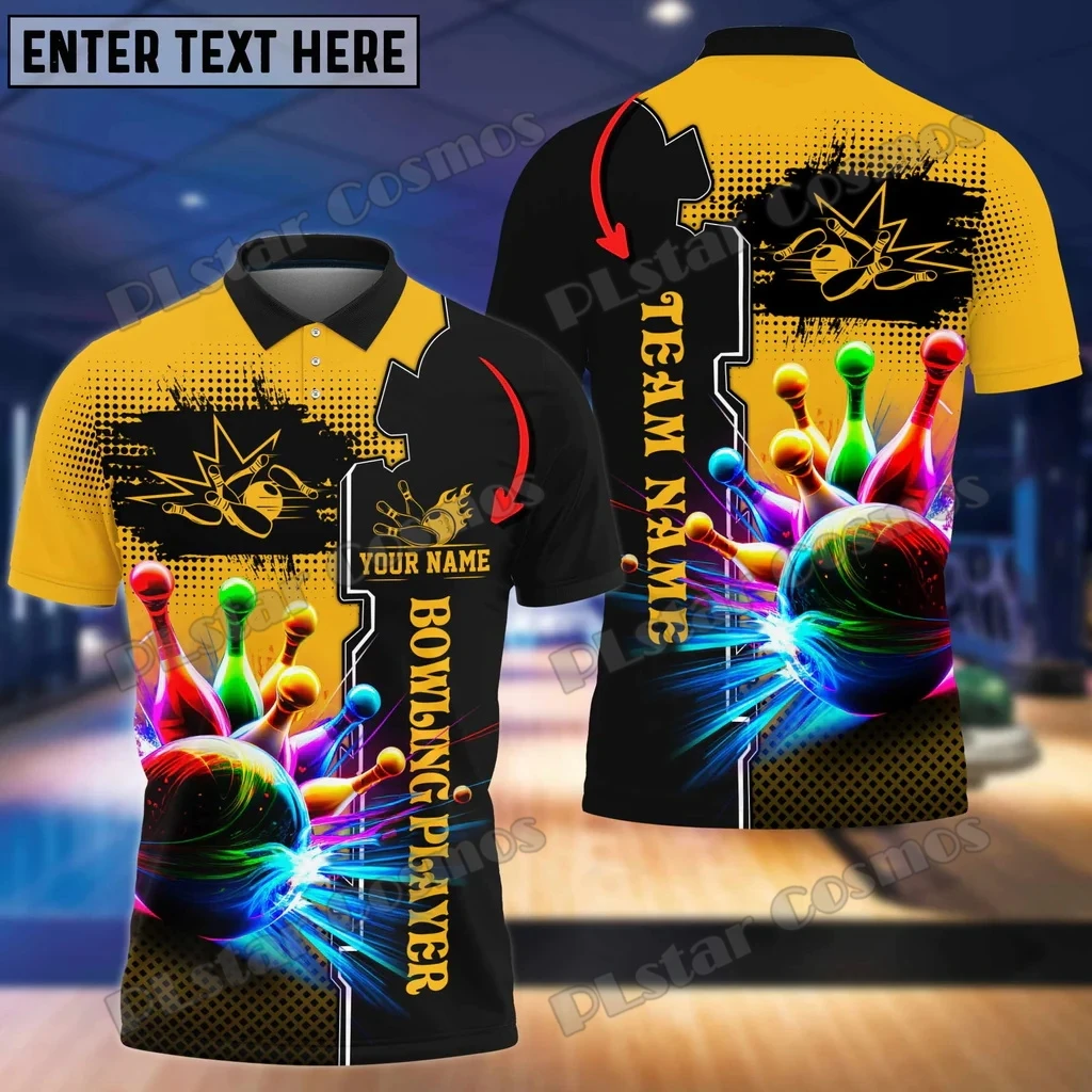 

Multicolor Bowling And Pins Premium Customized Name 3D Printed Men's Polo Shirt Summer Street Unisex Casual Polo shirt WK104