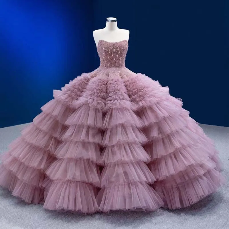 Pink Puffy Quinceanera Dresses Ball Gown Scoop Tulle Tiered Pearls Mexican Sweet 16 Dresses 15 Anos Customized