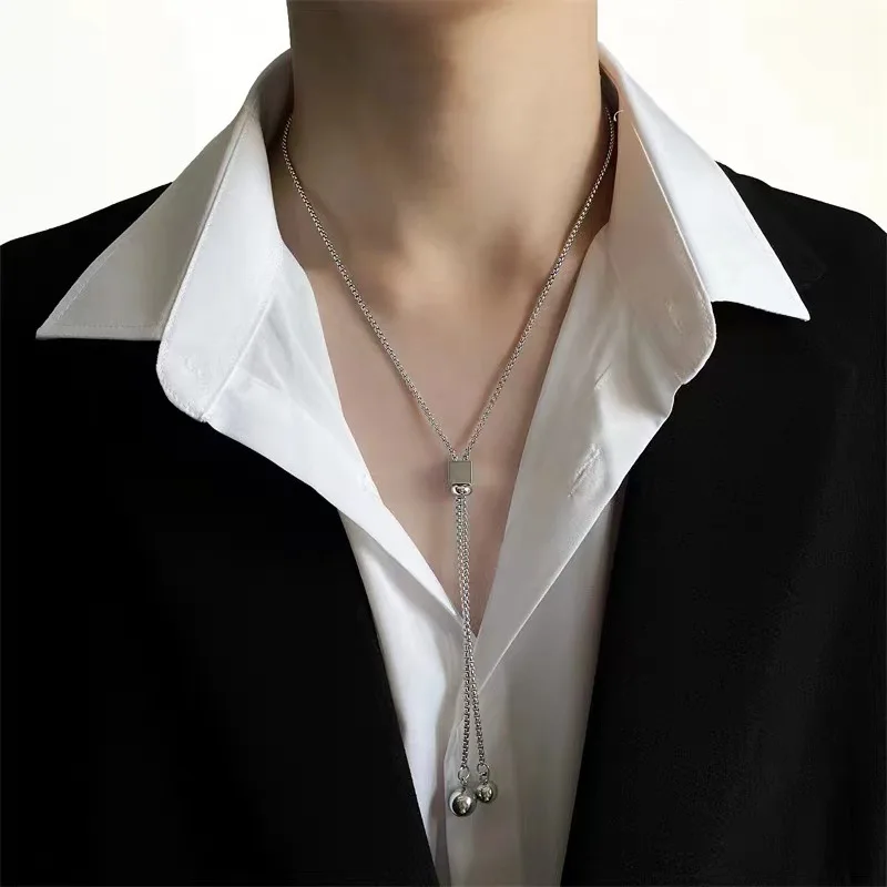 B&C Multi strand sliding cube necklace with metal ball tassel adjustable goth unisex trendy neck accessory