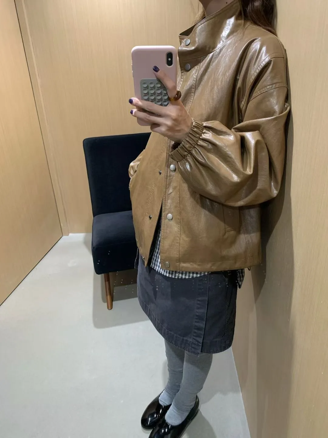 

American Sle Loose Leather Jaet Women's Autumn New Small Size Hong Kong Sle Top Faion Outerwear Long Sve Stand Collar