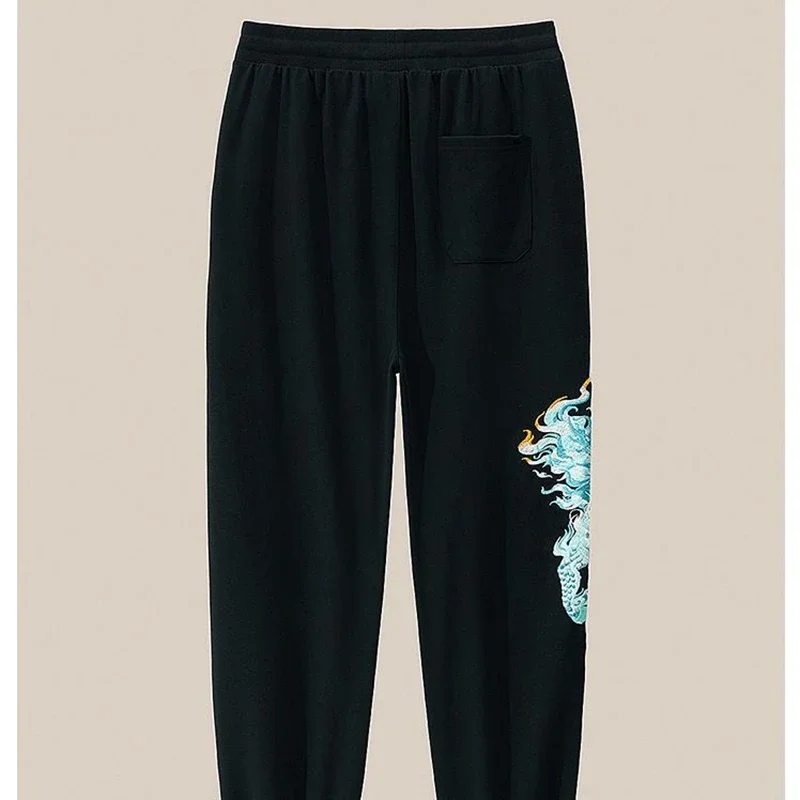 Lyprerazy Men\'s Casual Pants Embroidered Cotton Sweatpants National Tide Loose Straight Elastic Waist Pants