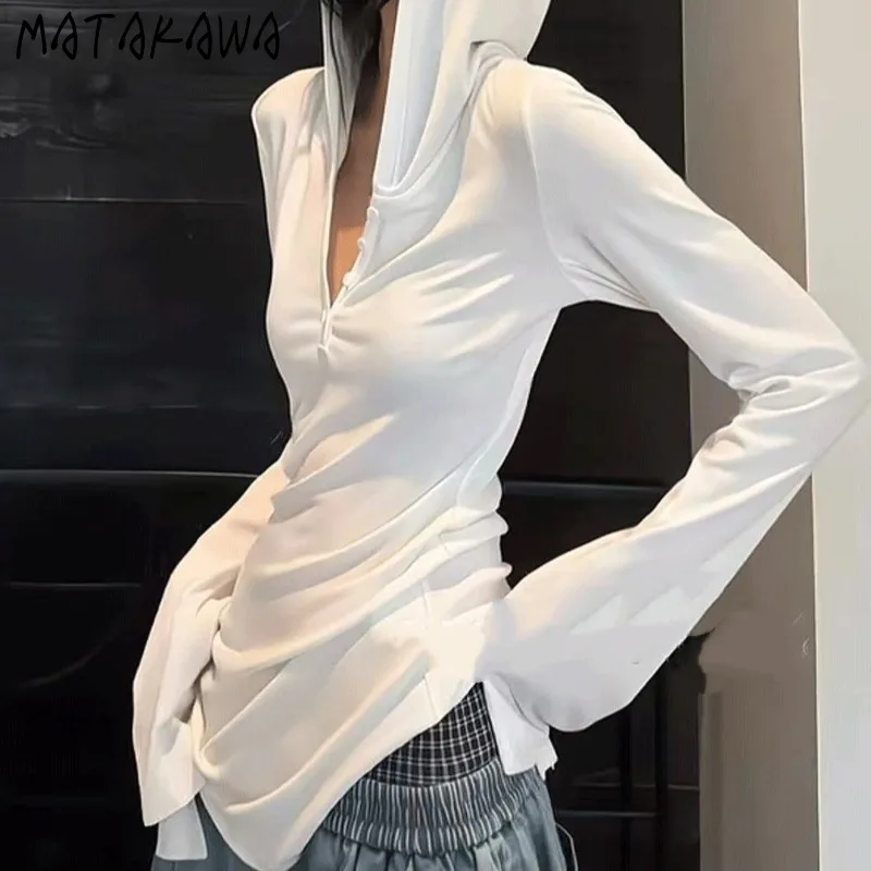 

Matakawa Y2k Одежда Футболка для женщин с капюшоном Весна Осень Однотонные Ropa De Mujer Корейская мода Гранж Свободные простые футболки