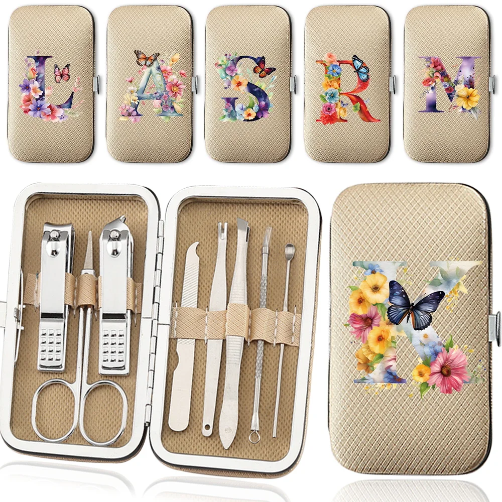 

8Pcs Nail Clippers Set Stainless Steel Manicure Pedicure Kit Nipper Trimmer Care Tool Portable Storage Butterfly Letter Pattern