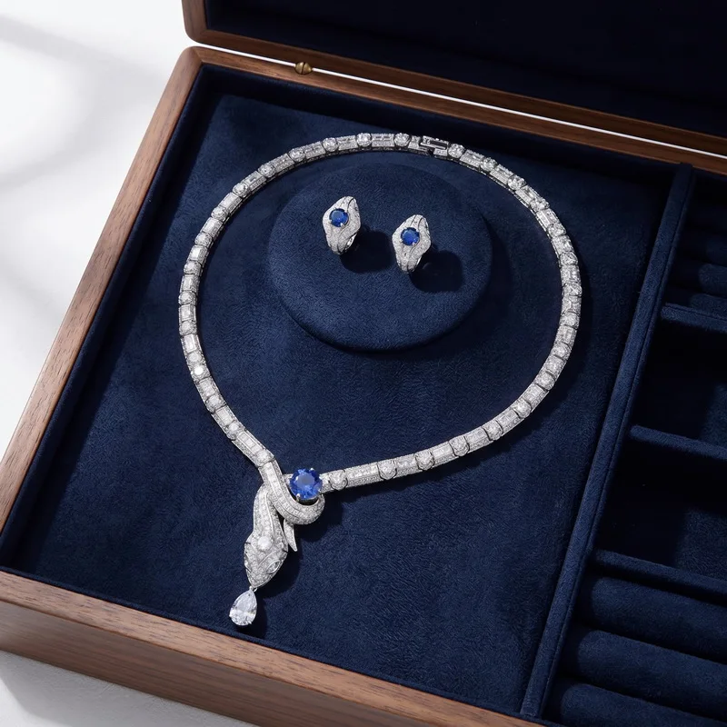 Europe America Style Necklace Earrings Women Lady Inlay Full Zircon Synthetic Tanzanite Snake Snakelike Party Jewelry Sets