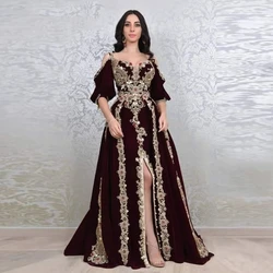 Burgundy Moroccan Kaftan Muslim Evening Dresses A-line Half Sleeves Appliques Slit Dubai Arabic Turkey Islamic Gown Customized