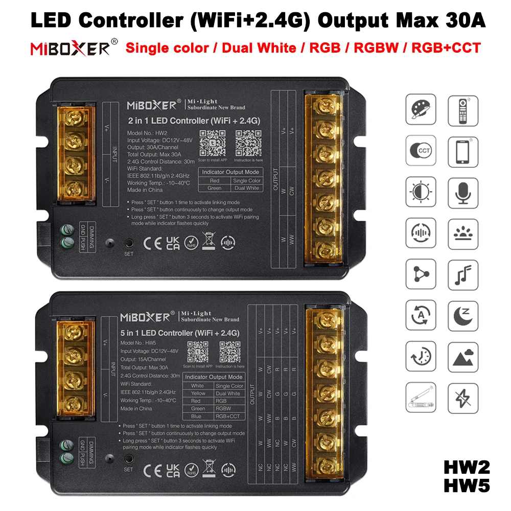 Miboxer HW2 2IN1 HW5 5IN1 2.4GHz WiFi+RF Controller Large Current Max 30A For Single Color/Dual White/RGB/RGBW/RGB+CCT Led Strip