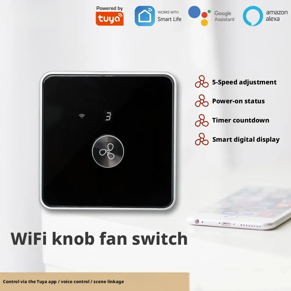Tuya Smart Home WiFi Smart Knob Fan Switch 5-speed Variable Speed Real time Digital Display Tempered Glass Panel