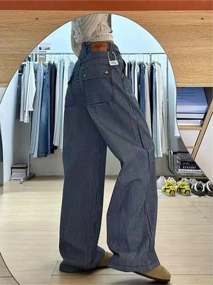 Amerykańskie retro, luźne, szerokie nogawki, niebieskie jeansy w paski, unikalny design, do dojazdów do pracy, długość do podłogi, spodnie codzienne, wysoki stan, zamek błyskawiczny.