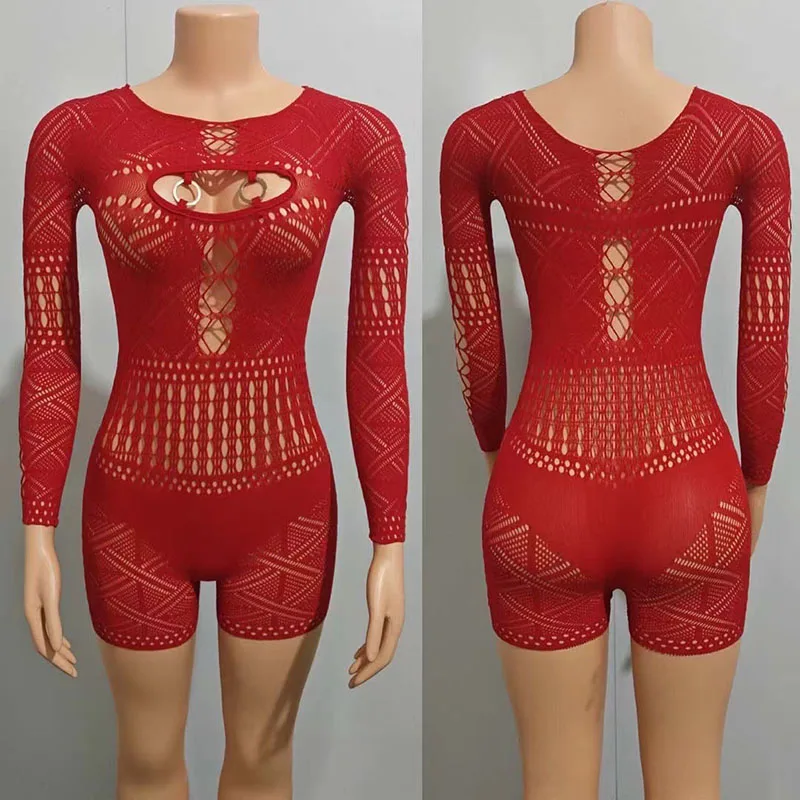 ผู้หญิงเซ็กซี่ Fishnet บอดี้สูท Hollow Out ตาข่ายดูผ่านกางเกงขาสั้นผอม Jumpsuit หญิง Clubwear Party Bodycon One ชิ้น Rompers