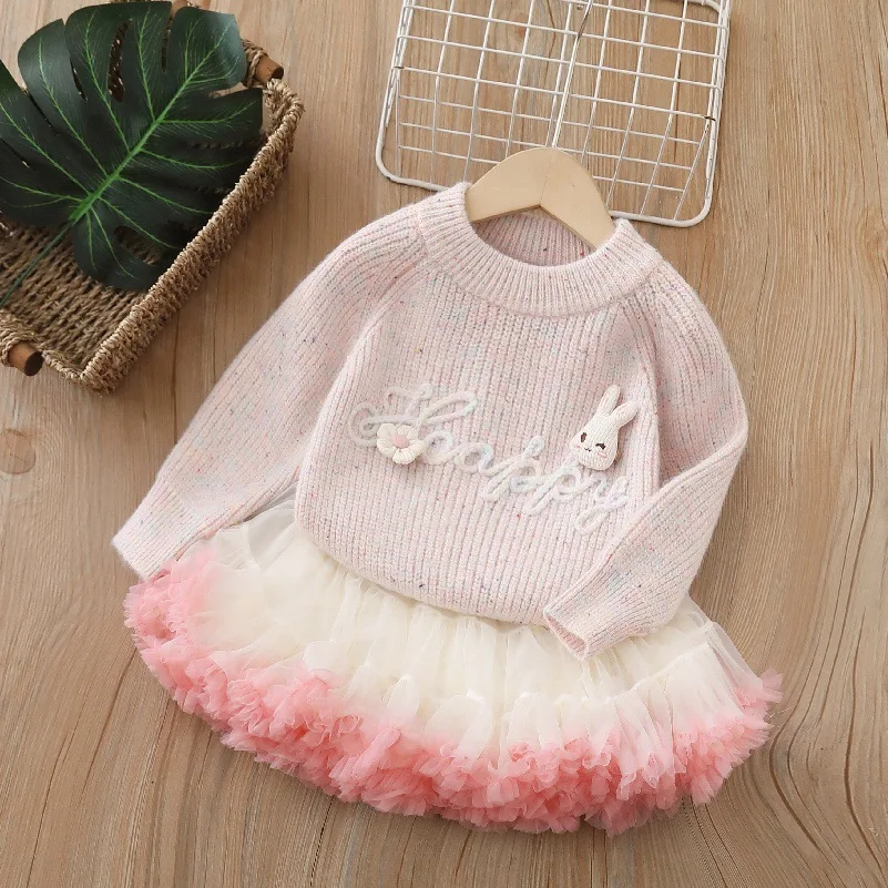 

Girls Dress Clothes Sets Autumn Winter Children Woolen Jersey Sweaters Tops Tutu Skirts Kids Princess Suit Baby Knitted Outfits