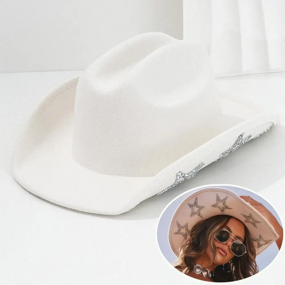 

New Rhinestone Stars Western Cowboy Hat Large brim Glitter A Jazz Top Hat Punk Formal Cap Sun Protection