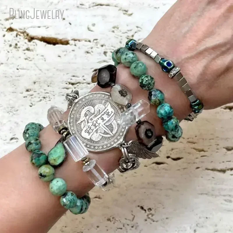 10PCS Hippie Love Medal Coin Charm Bracelet Antique Silver Plated Chain Women Boho  Jewelry Inoxidable Ascesorios Tiki