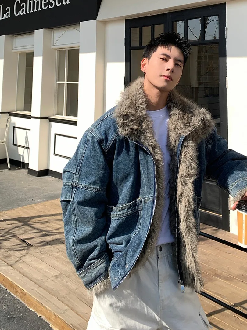 

Warmth Waed Denim Cotton Jaet Men Winter Sli Thiened Fur Collar Cotton Coat Youth Casual Loose Fit Long Sve Zipper