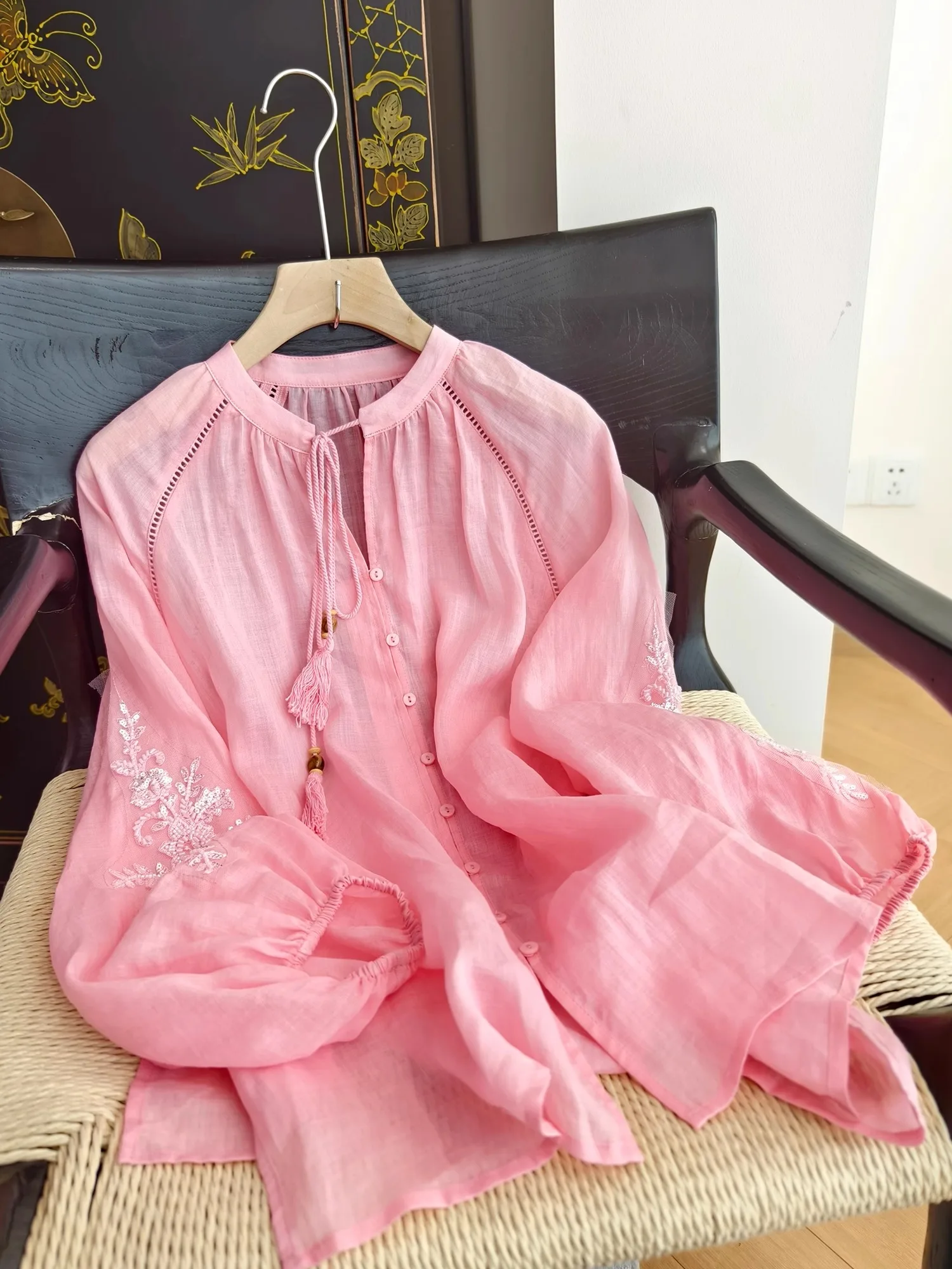 

Sun Protection Women's irt Zigzag Full Flax Embroidery Belted Precise Needlework Long Sve Regular Fit Summer Faion