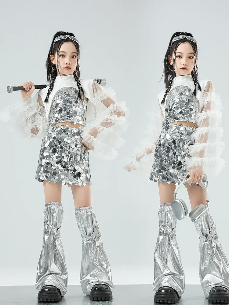 Costume de danse jazz miroir argenté pour filles tenue de pom-pom girl vêtements Kpop pour enfants vêtements de spectacle de piste, vêtements de danse Hip Hop