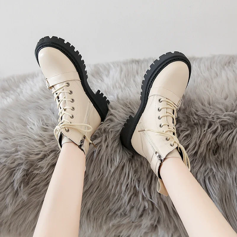 Heart Buckle Chunky Platform Ankle Boots Women 2024 Autumn Pu Leather Thick Bottom Short Boots Woman Black Motorcycle Shoes
