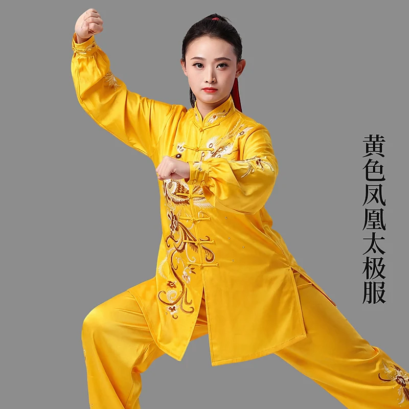 Women's Unisex Custom Tai Chi Suit Golden Phoenix Embroidery Baduanjin Martial Arts Performance & Competition Team Training Wear