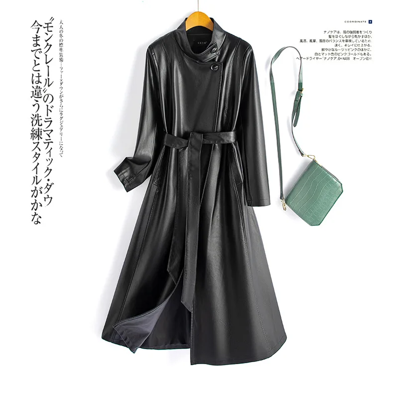 High end leather jacket with a waistband temperament long windbreaker for women new high-quality fashion PU jacket