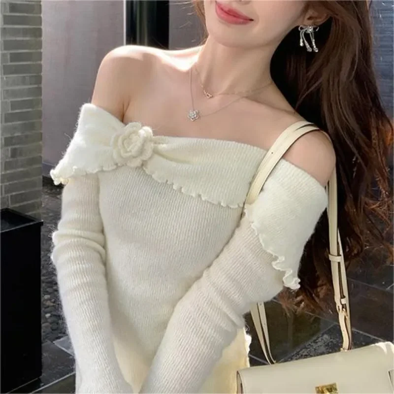 Matakawa Flare Mouw Effen Slash Nek Vrouwen Truien Koreaanse Mode 3d Bloemen Sweet Pull Femme Onregelmatige Schuine Hals Pullovers