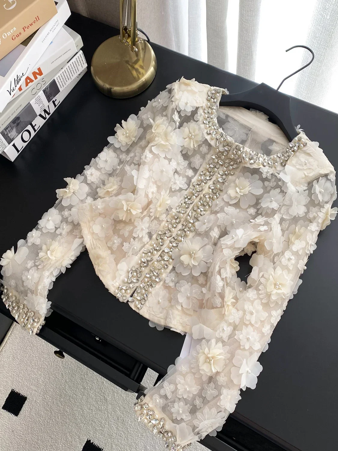 Heavy Industry Bead Diamond Round Neck Long Sleeve Three-dimensional Flower Jacket Cardigan Top