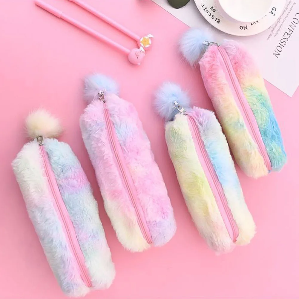 Gradient Lovely Girl Plush With Ball Pencil Case For Girls Stationery Storage Bag School Supplies Cute Colorful Pencil Bag