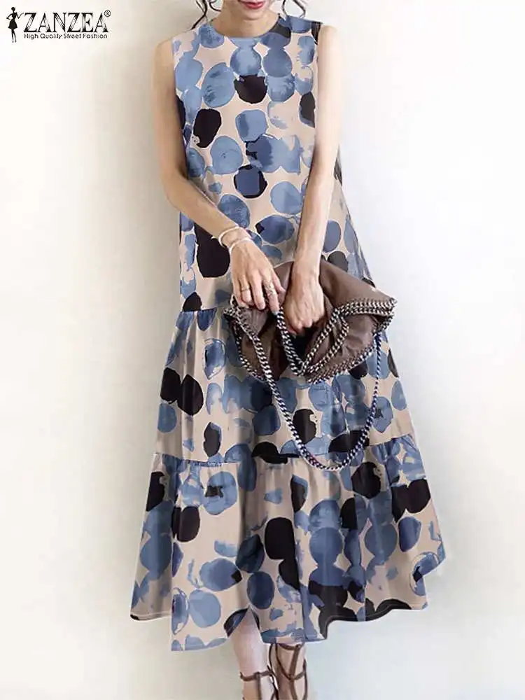 2024 ZANZEA Bohemian Sundress Women Summer Dresses Fashion Casual Ruffles Hem Long Vestido Sleeveless Floral Printed Robe Femme