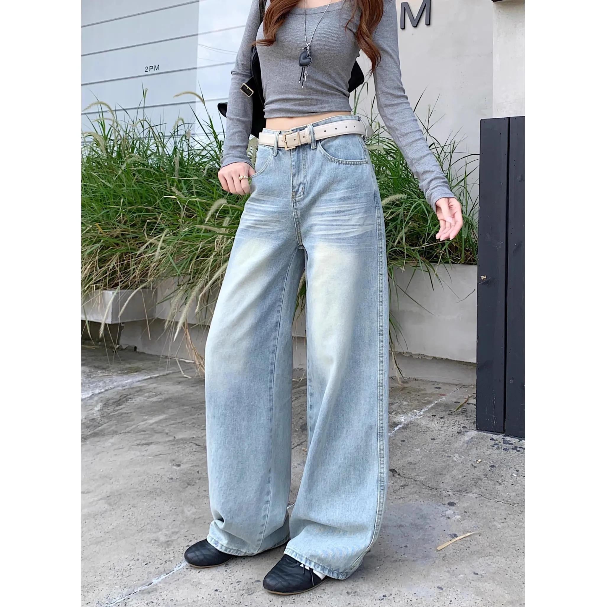 

Y2K Light Blue Wide Leg Jeans Women Autumn Versatile Loose Hanging American Straight Leg Long Pants