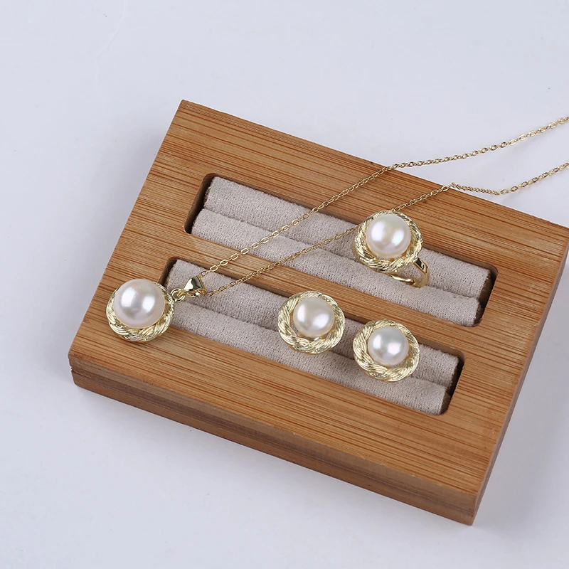 Wholesale Popular Simple Elegant Gold Plated earring ring necklace pendant pearl jewelry set