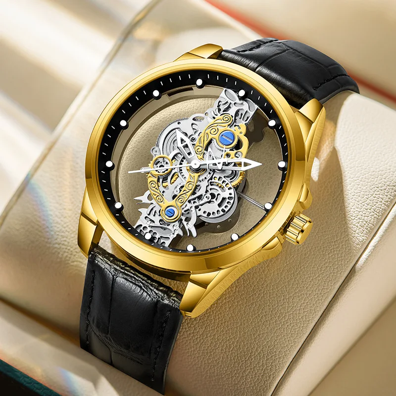 UTHAI CQ225 Fashionable Men watch double-sided transparent hollow quartz watch waterproof night light watches for men