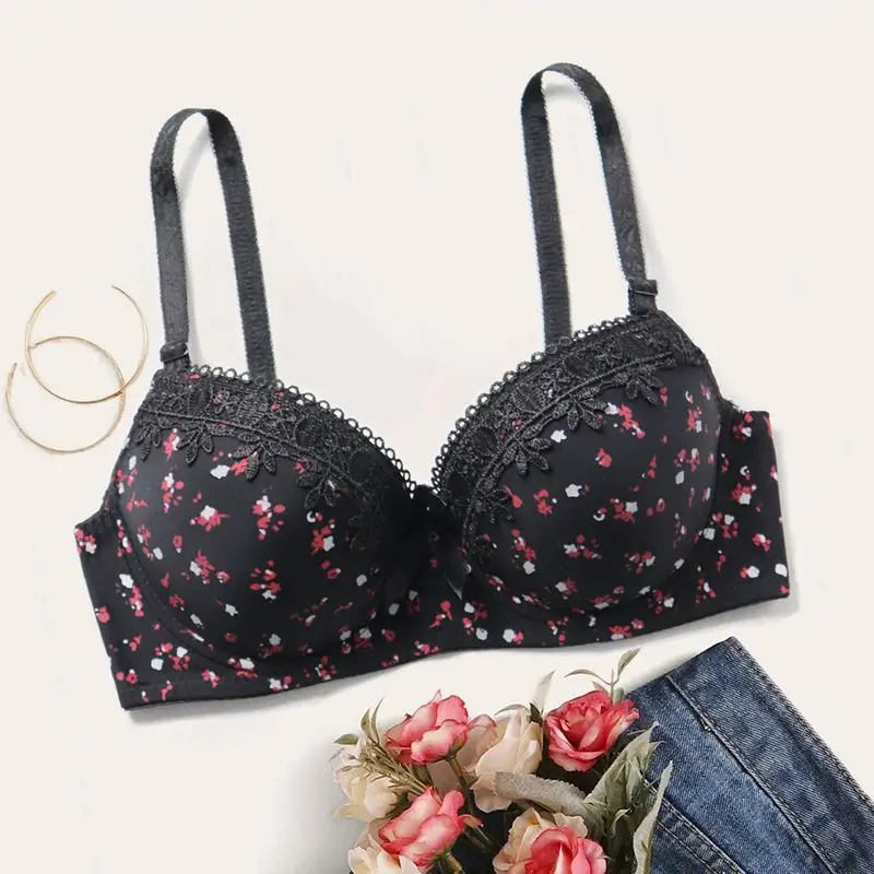 Beauwear Floral Brassiere Push Up Bra With Foam Pad Lace Underwear with wire Embroidered Bras for Women 75B-90B