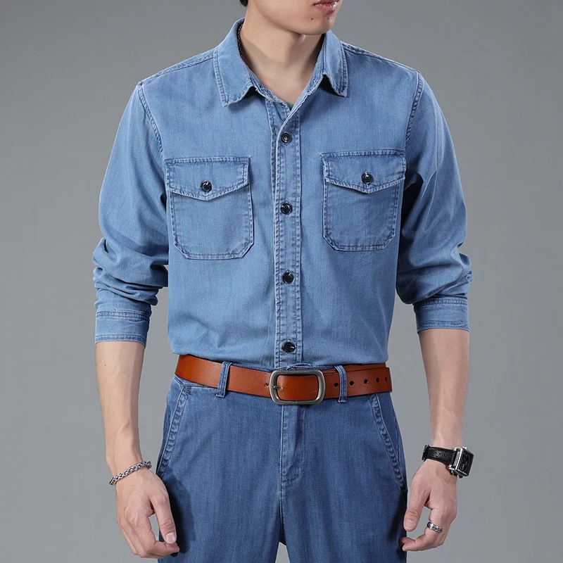 2022 Autumn Brand New Men\'s Business Casual Loose Long Sleeve Shirt Simple Soft and Comfortable Pocket Denim Shirt Jacket