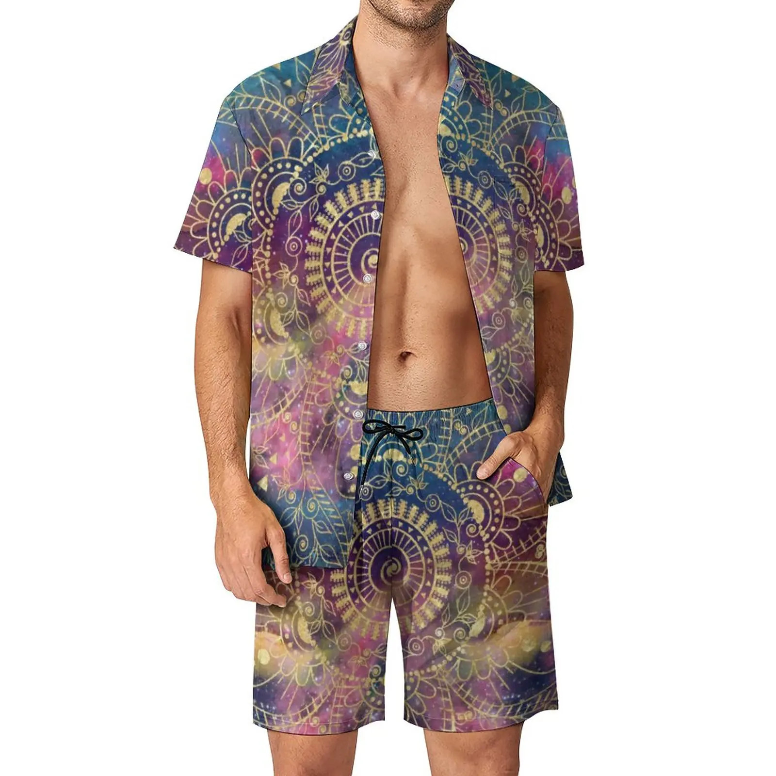 

Gold Mandala Print Men Sets Vintage Floral Casual Shorts Fashion Beachwear Shirt Set Short-Sleeve Big Size Suit Birthday Present