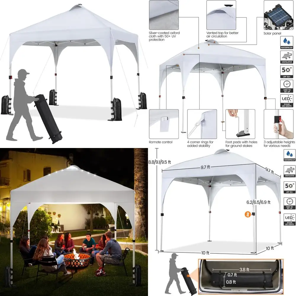 

10x10ft Instant Pop-Up Canopy Tent with Solar LED Lights, Outdoor Garden Gazebo, Easy Setup Sun Shelter with Wheel for Outdoor E