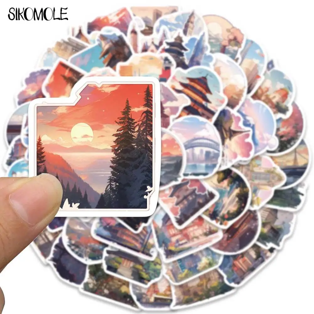 10/30/50PCS Anime Ins Wind Landscape Cartoon Building Stickers For Children DIY Suitcase Skateboard Laptop Luggage Sticker Decal