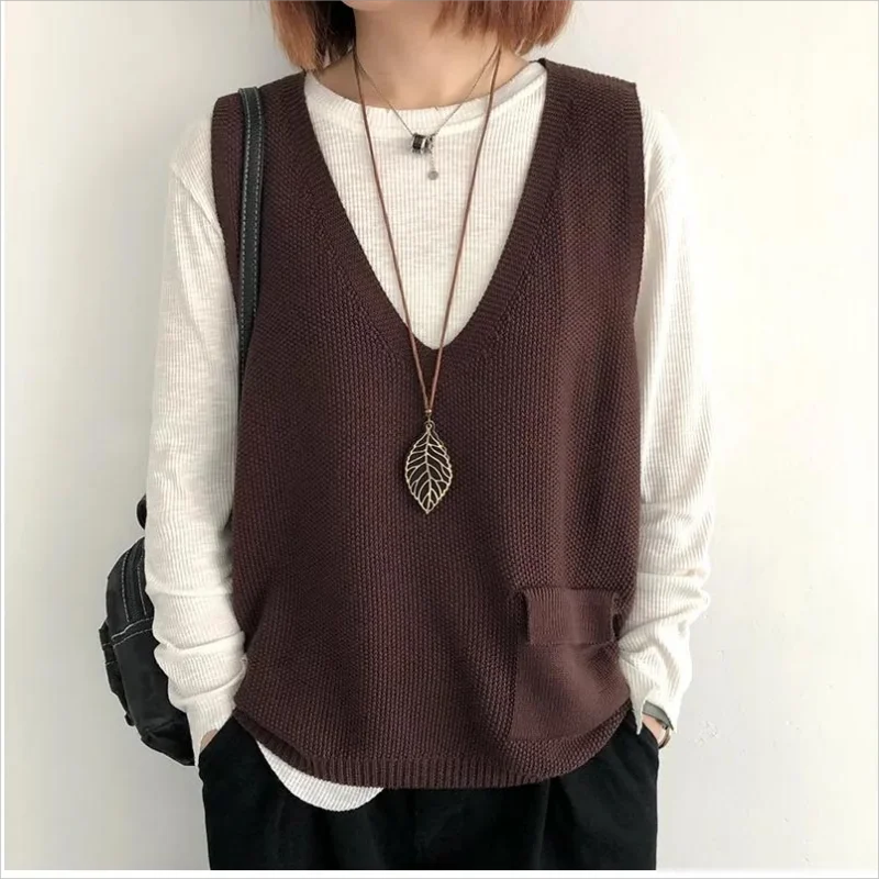 Autumn New Knit Waistcoat Women V-Neck Pullovers Large Size Sleeveless Sweater Loose Vest