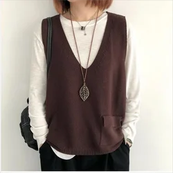 Autumn New Knit Waistcoat Women V-Neck Pullovers Large Size Sleeveless Sweater Loose Vest