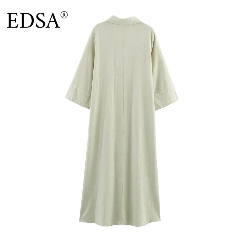 EDSA المرأة قميص كتان على غرار ميدي فستان التلبيب الياقة الخامس الرقبة طويلة الأكمام فتحات جانبية فساتين طويلة فضفاضة زر متابعة